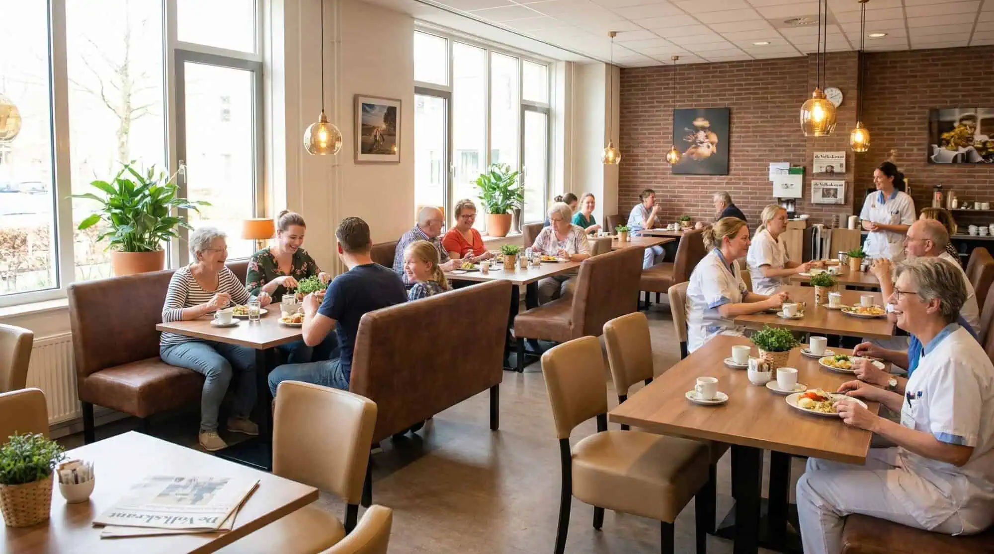 Super-Seat | Holztische, Metallstühle mit blauen Polstern, schwarze Rindenhocker; Backsteinwand und große Fenster. | Catering Möbel