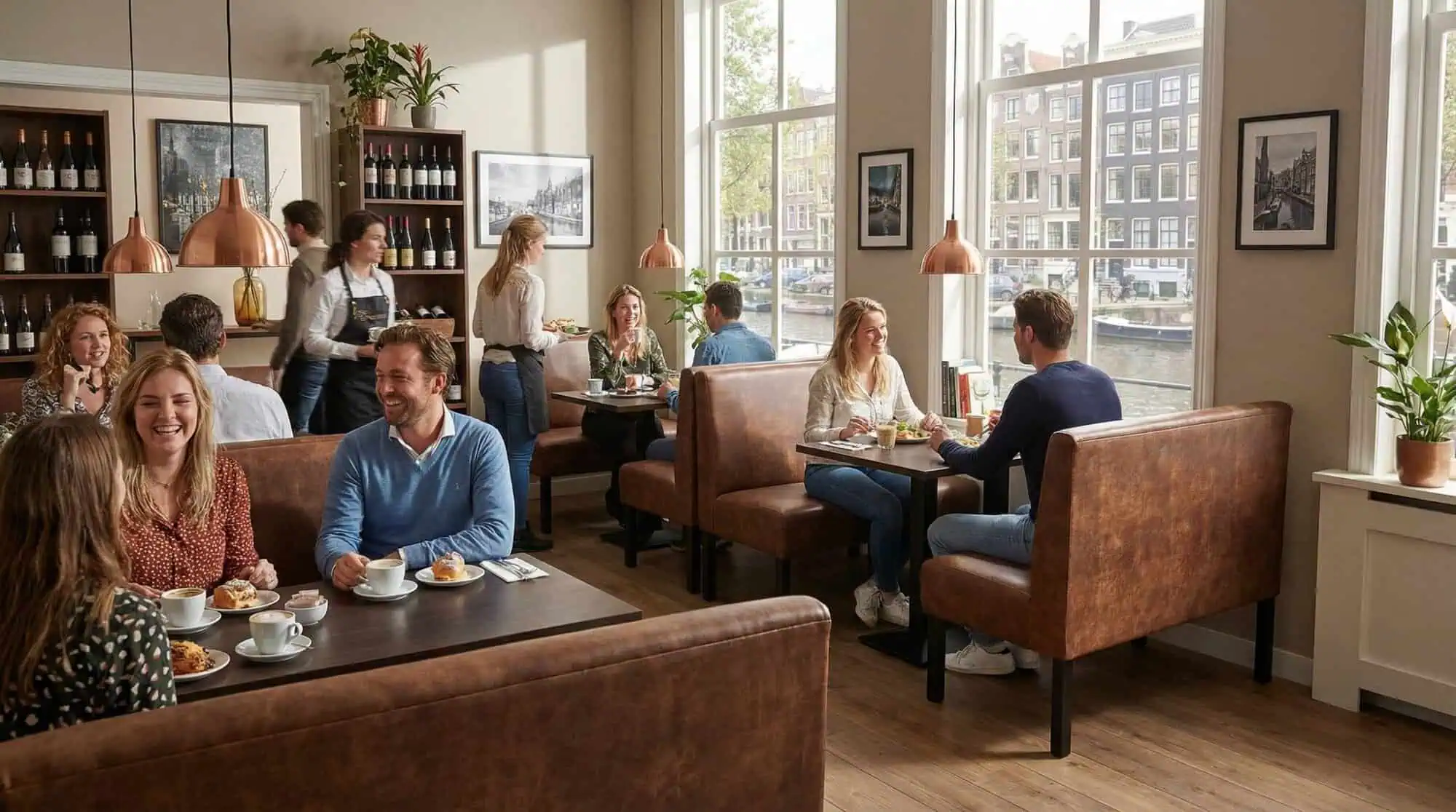 Super-Seat | Holztische, braune Ledersofas, große Fenster, Blick auf den Kanal. Regale mit Flaschen und Pflanzen an der Wand. | Catering Möbel