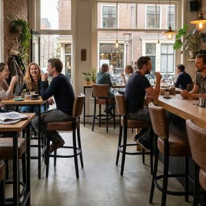 Super-Seat | Holzstühle, Barhocker aus Metall, leichte Tische und Pflanzen vor Backsteinwänden. | Catering Möbel