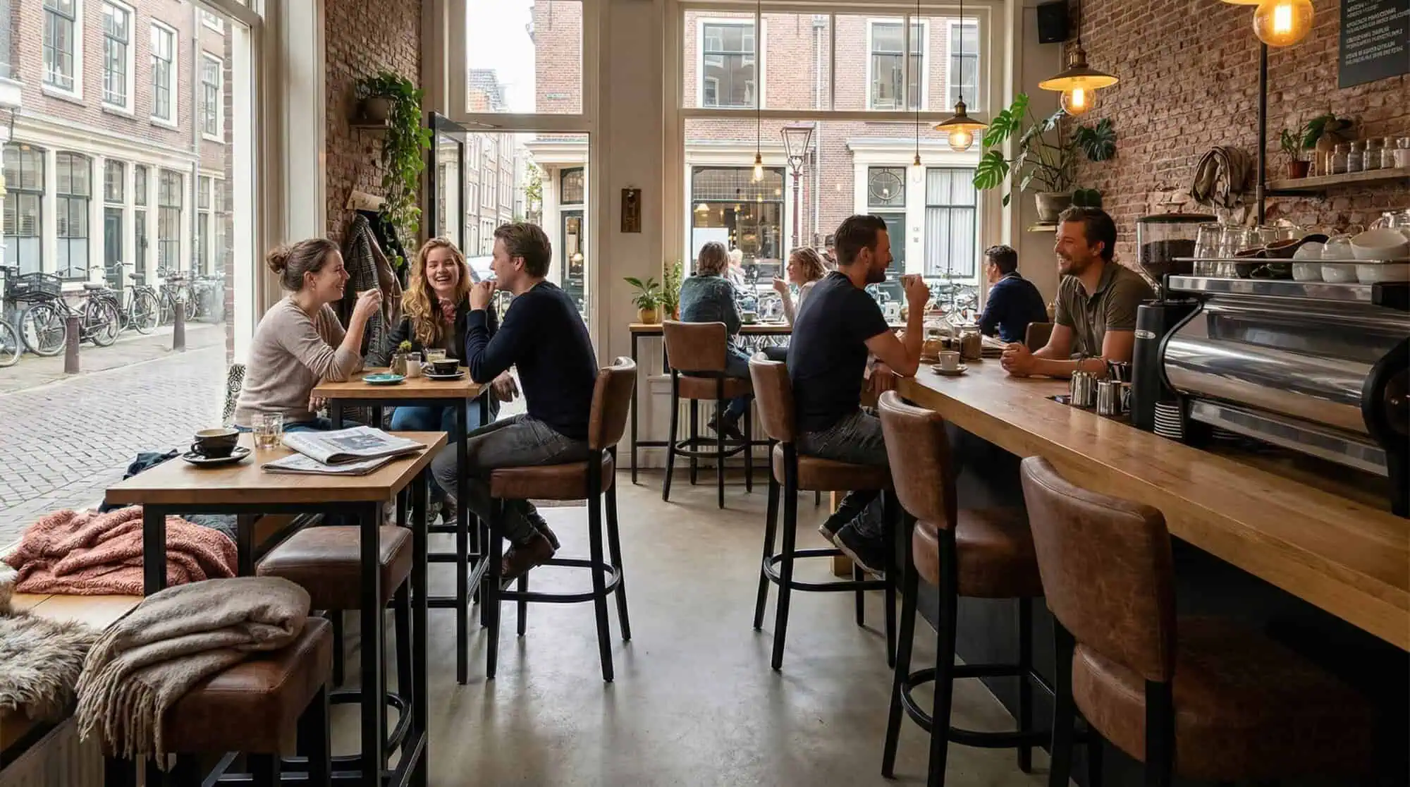 Super-Seat | Holzstühle, Barhocker aus Metall, leichte Tische und Pflanzen vor Backsteinwänden. | Catering Möbel