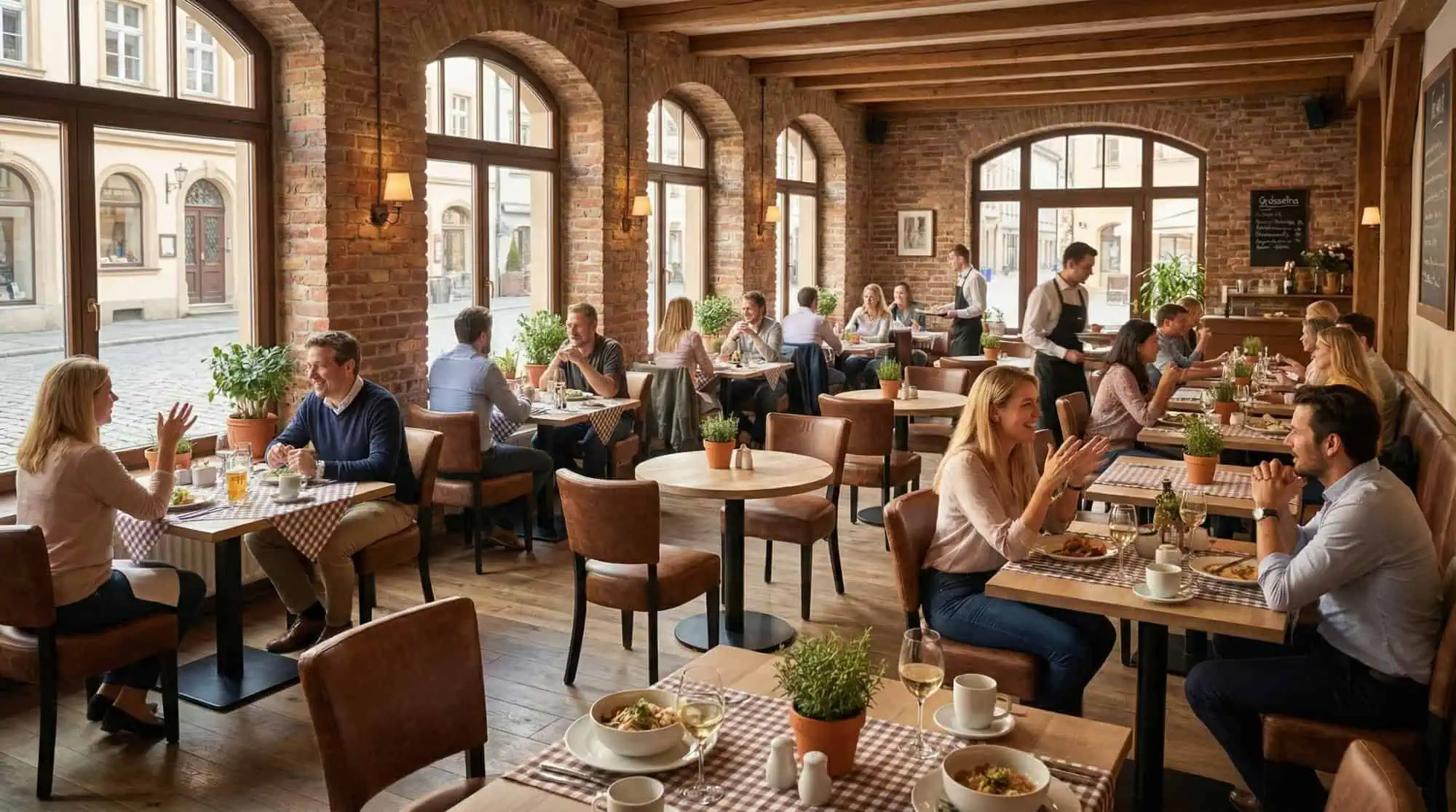 Super-Seat |Restaurant Interior Ideas Holzstühle, weiße Tische mit rot-weiß-kariertem Tuch, Barhocker aus Metall, Pflanzen. | Catering Möbel