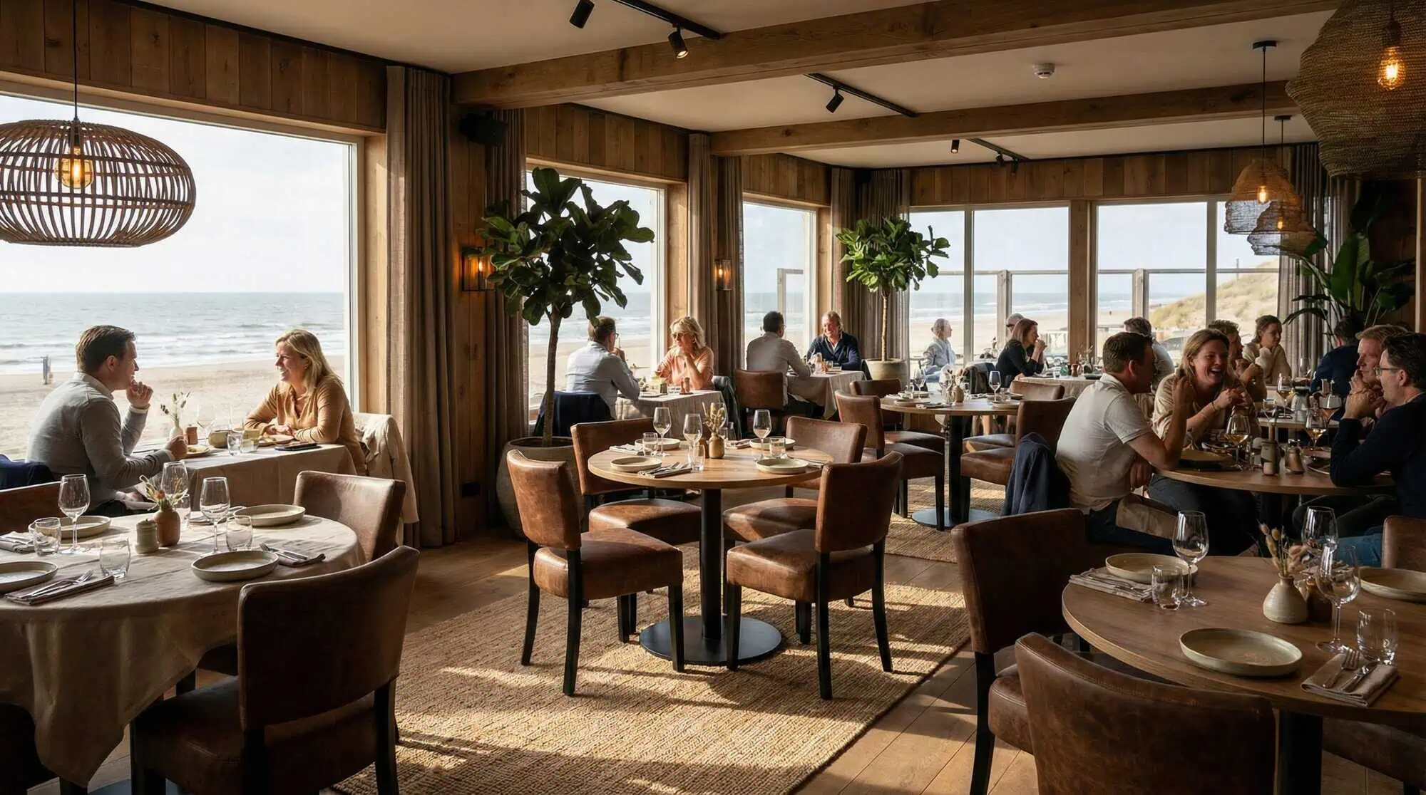 Super-Seat | Ein Restaurant mit Holzwänden und großen Fenstern. Stühle und Tische aus Holz, Barhocker aus Metall, viel Licht, Pflanzen. | Catering Möbel