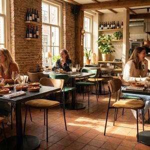 Super-Seat | Restaurant Interieur Holztische, schwarze Stühle, Barhocker aus Metall und Picknicktische zwischen Backsteinmauern und Fenstern. | Catering Möbel