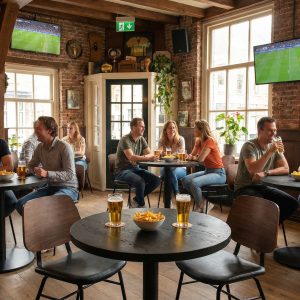 Super-Seat | Holztische, Metall- und Lederstühle, Barhocker; ein Glas Bier und Chips. Licht durch große Fenster. | Catering Möbel