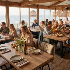 Super-Seat | Holztische, Stühle und Barhocker in Braun und Weiß, mit Meerblick durch große Fenster. | Catering Möbel