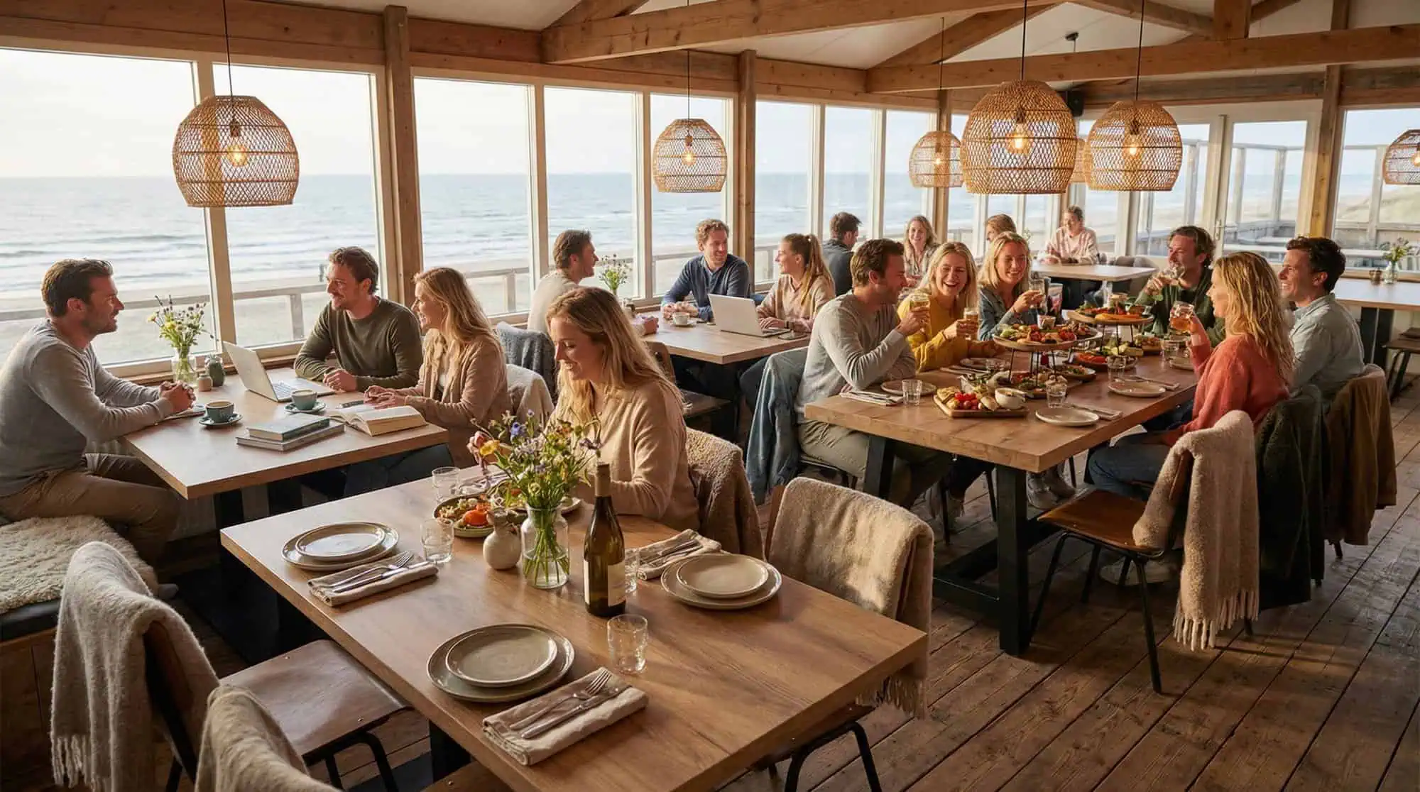 Super-Seat | Holztische, Stühle und Barhocker in Braun und Weiß, mit Meerblick durch große Fenster. | Catering Möbel