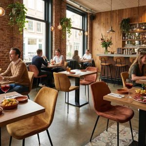 Super-Seat |Modernes Restaurant Interieur Graue Stühle, Holztische, Barhocker an der Bar; Backsteinwände, viel Licht und Hängepflanzen. | Catering Möbel