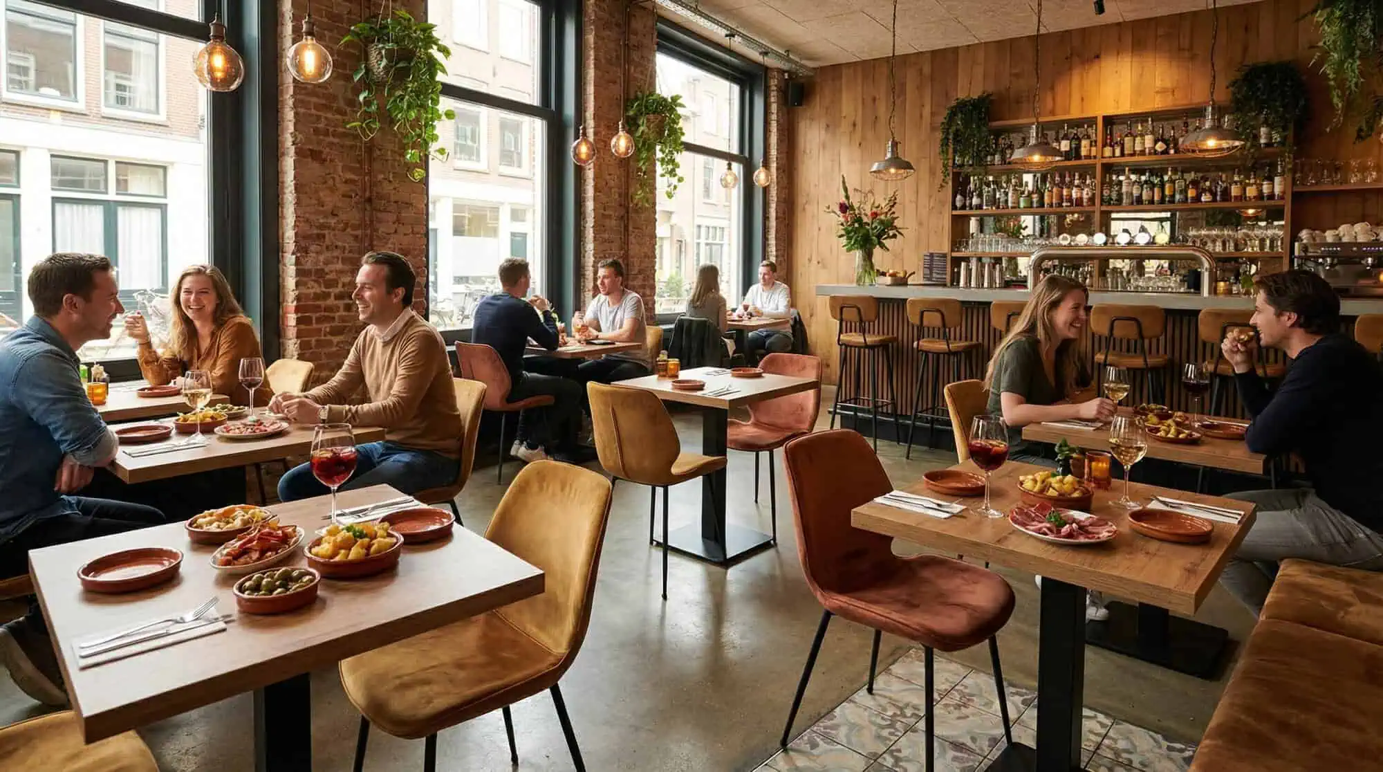 Super-Seat |Modernes Restaurant Interieur Graue Stühle, Holztische, Barhocker an der Bar; Backsteinwände, viel Licht und Hängepflanzen. | Catering Möbel