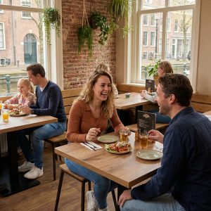 Super-Seat | Holztische und -stühle, dunkle Barhocker, helle Stühle in der Nähe der Ziegelwand und der Fenster. | Catering Möbel