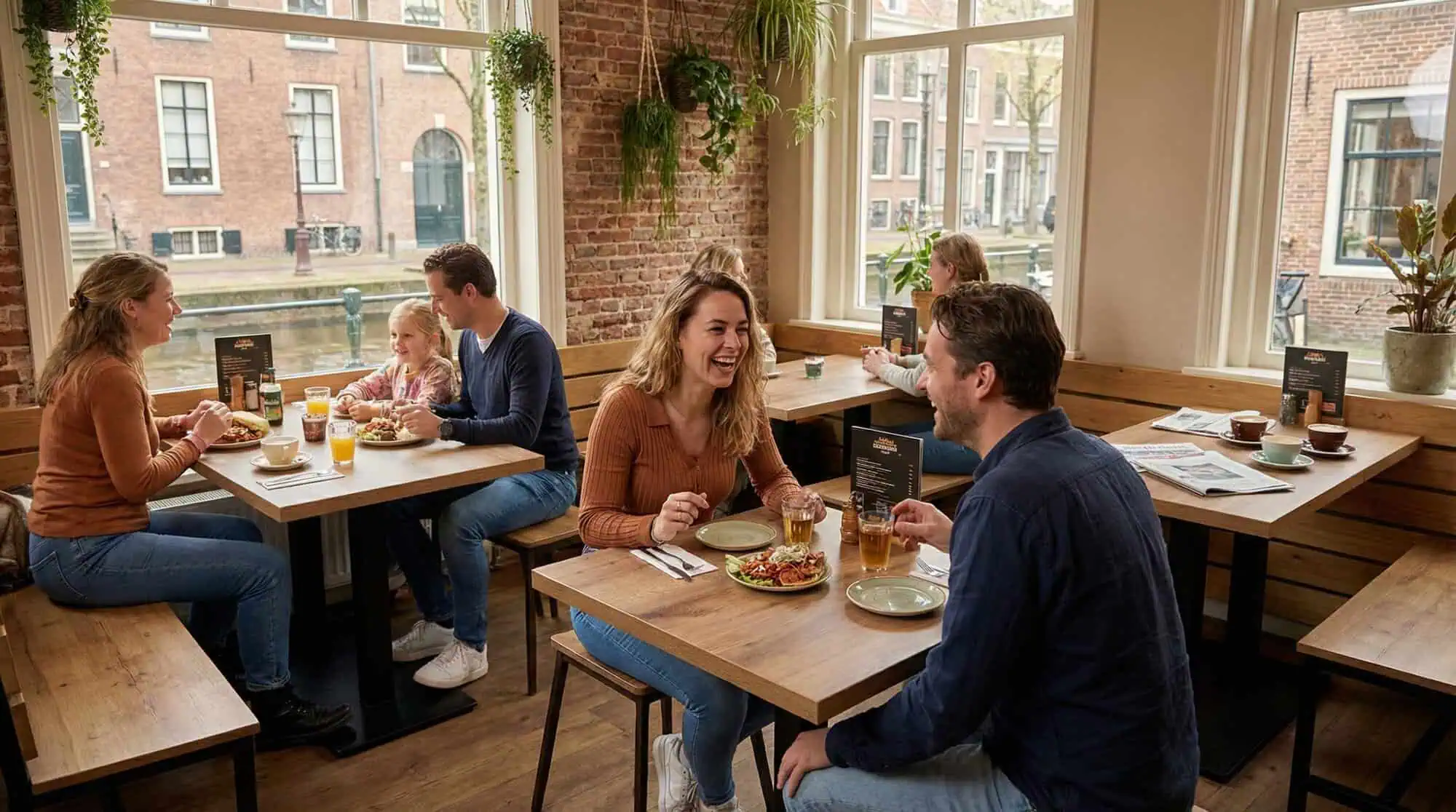 Super-Seat | Holztische und -stühle, dunkle Barhocker, helle Stühle in der Nähe der Ziegelwand und der Fenster. | Catering Möbel