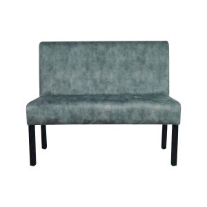 Super-Seat | Hier finden Sie Stühle, Tische, Barhocker, Picknicktische und andere Arten von Tischen und Stühlen | Moderne Bank mit gerader Rückenlehne, grauem Melange-Stoff und schwarzen Beinen, auf weißem Hintergrund. | Catering Möbel