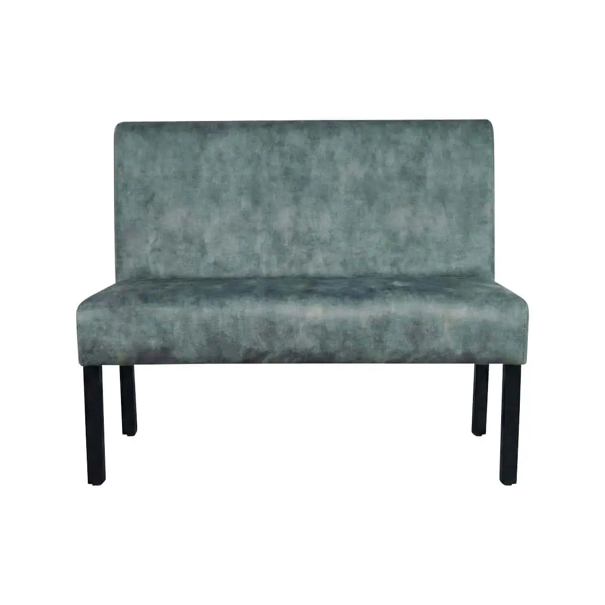 Super-Seat | Hier finden Sie Stühle, Tische, Barhocker, Picknicktische und andere Arten von Tischen und Stühlen | Moderne Bank mit gerader Rückenlehne, grauem Melange-Stoff und schwarzen Beinen, auf weißem Hintergrund. | Catering Möbel